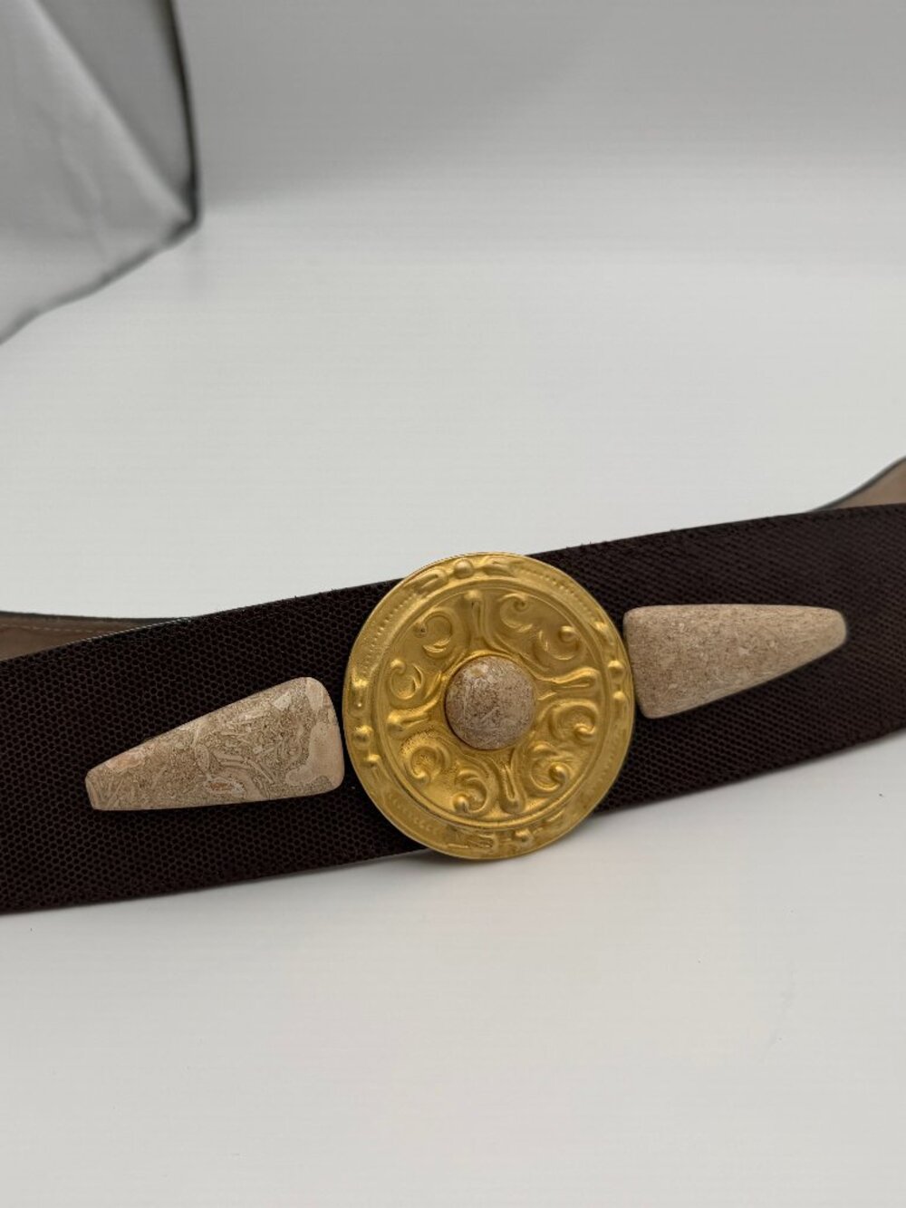 Vintage Brown Stretch Belt Gold Medallion Buckle